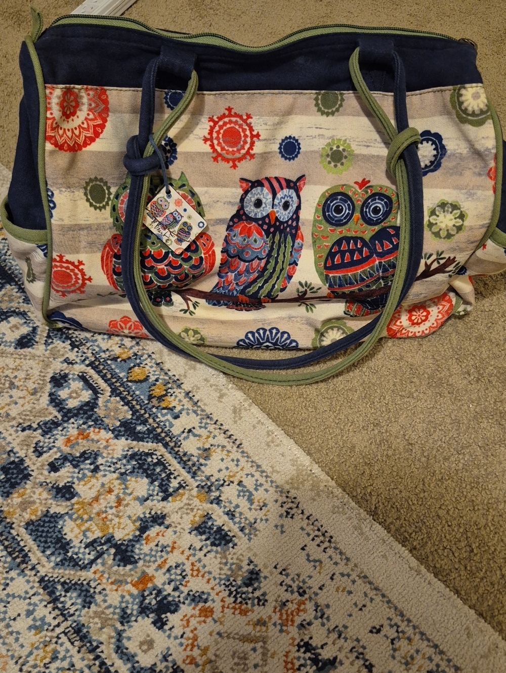 Multicolor Owl Canvas Tote Bag with Navy & Olive Trim